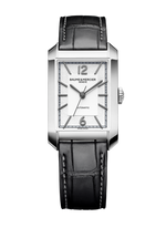 Load image into Gallery viewer, Quadrante argentato opalino con finitura perlata e indici e cifre arabe in rutenio nero dell'orologio Baume & Mercier Hampton 10522