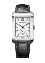 Load image into Gallery viewer, Quadrante argentato opalino con cifre arabe a ore 12 e indici rivettati in rutenio nero dell'orologio Baume & Mercier Hampton 10528