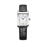 Load image into Gallery viewer, Quadrante opalino bianco-argenteo con numeri arabi rodiati a ore 12 e 6, indici rodiati rivettati e lancette a forma di spada blu dell'orologio Baume & Mercier Hampton 10795