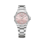Load image into Gallery viewer, Quadrante rosa satinato soleil con cifre romane e lancette Dauphine placcate rodio dell'orologio Baume & Mercier Riviera 10675