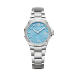 Load image into Gallery viewer, Quadrante azzurro satinato soleil con decoro a onde trasparenti, numeri romani e indici rodiati rivettati rivestiti di Superluminova bianco dell'orologio Baume & Mercier Riviera 10811