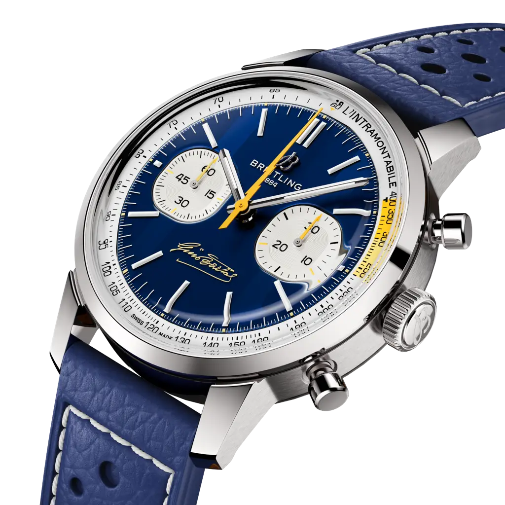 Dettaglio del cinturino in pelle di vitello blu e fibbia pieghevole in acciaio dell’orologio Breitling Top Time B01 Gino Bartali.