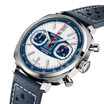 Load image into Gallery viewer, Dettaglio del cinturino in pelle di vitello blu traforata e fibbia ad ardiglione in acciaio dell’orologio Breitling Top Time Martini Racing.