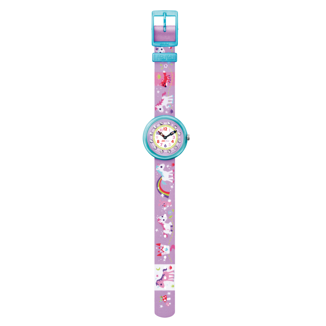 Dettaglio del cinturino viola con decorazioni di unicorni e animali dell’orologio FBNP033.