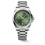 Load image into Gallery viewer, Quadrante verde sunray con indici applicati luminosi e lancette argentate lucide con trattamento Swiss Super-LumiNova® dell'orologio Longines Conquest automatico