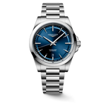 Load image into Gallery viewer, Quadrante blu a raggi di sole con indici applicati luminosi e lancette argentate lucide con trattamento Swiss Super-LumiNova® dell'orologio Longines Conquest automatico