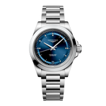 Load image into Gallery viewer, Quadrante blu a raggi di sole con 14 diamanti Top Wesselton VS-SI incastonati e lancette argentate lucide con trattamento Swiss Super-LumiNova® dell'orologio Longines Conquest donna