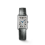 Load image into Gallery viewer, Quadrante argento flinqué con numeri romani dipinti e lancette in acciaio azzurrato dell'orologio Longines DolceVita al quarzo