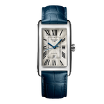 Load image into Gallery viewer, Quadrante argento flinqué con numeri romani dipinti e lancette in acciaio azzurrato dell'orologio Longines DolceVita automatico