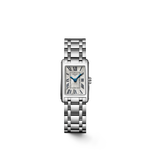 Load image into Gallery viewer, Quadrante grigio con numeri romani dipinti e lancette in acciaio azzurrato dell'orologio Longines Dolcevita al quarzo