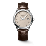 Load image into Gallery viewer, Quadrante beige con indici applicati e lancette argentate lucide dell'orologio Longines Flagship Classic automatico