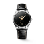 Load image into Gallery viewer, Quadrante nero con indici applicati e lancette rosa con trattamento Swiss Super-LumiNova® dell'orologio Longines Flagship Heritage automatico