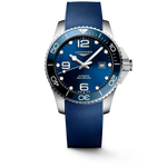 Load image into Gallery viewer, Quadrante blu a raggi di sole con numeri arabi e indici applicati, lancette argentate lucide con trattamento Swiss Super-LumiNova® dell'orologio Longines HydroConquest automatico