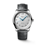 Load image into Gallery viewer, Quadrante argento con numeri arabi incisi e lancette in acciaio azzurrato dell'orologio Longines Master Collection automatico