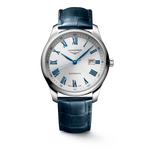 Load image into Gallery viewer, Quadrante argentato con numeri romani applicati e lancette in acciaio azzurrato dell'orologio Longines Master Collection automatico
