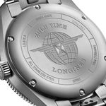 Load image into Gallery viewer, Cassa rotonda in acciaio inossidabile da 42 mm con lunetta girevole bidirezionale in ceramica nera, vetro zaffiro antigraffio e corona a vite dell'orologio Longines Spirit Zulu Time