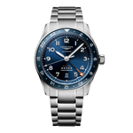 Load image into Gallery viewer, Quadrante blu a raggi di sole con numeri arabi applicati e lancette argentate lucide con trattamento Swiss Super-LumiNova® dell'orologio Longines Spirit Zulu Time automatico