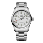 Load image into Gallery viewer, Quadrante argento con numeri arabi applicati e lancette nere con trattamento Swiss Super-LumiNova® dell'orologio Longines Spirit automatico