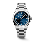 Load image into Gallery viewer, Quadrante blu a raggi di sole del Longines Conquest 38 mm con indici applicati e lancette argentate lucide trattate con Swiss Super-LumiNova