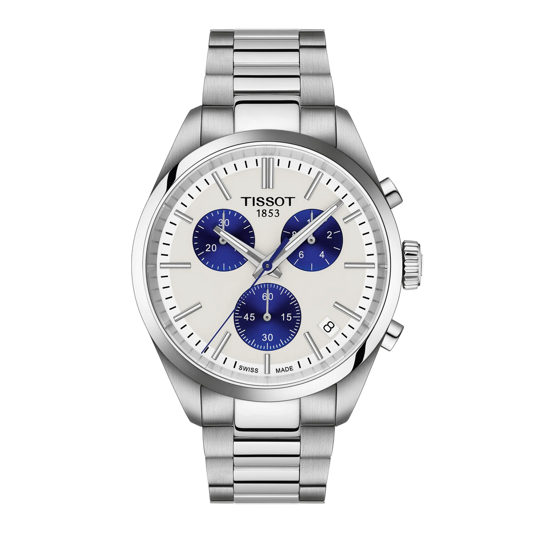 Tissot PR100 40mm T150.417.11.011.00 - bracciale e cassa acciaio - quadrante bianco e blu con cronografo e datario