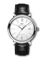 Load image into Gallery viewer, Orologio IWC Portofino Automatic IW356501 con quadrante argento e cinturino in pelle di alligatore nero.
