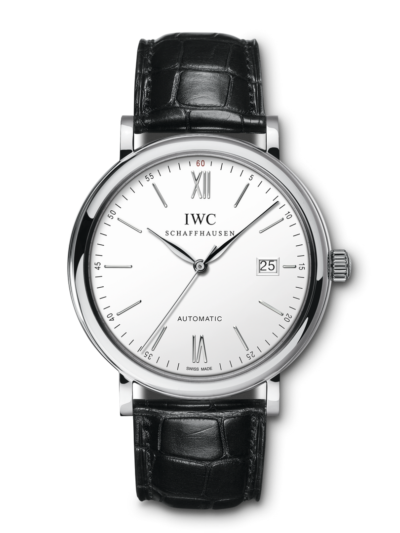 Orologio IWC Portofino Automatic IW356501 con quadrante argento e cinturino in pelle di alligatore nero.