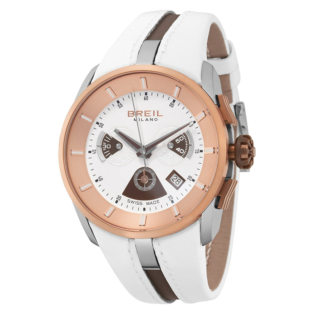 Breil Chrono Lady BW0428 - cassa acciaio dorato - cinturino in pelle bianco - quadrante bianco con cronografo e datario