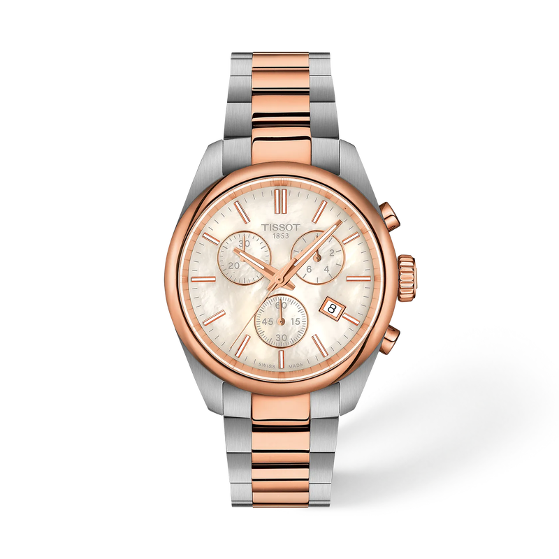 Tissot PR 100 36mm T150.217.22.111.00 - bracciale e cassa acciaio e oro rosa - quadrante madreperla con cronografo e datario