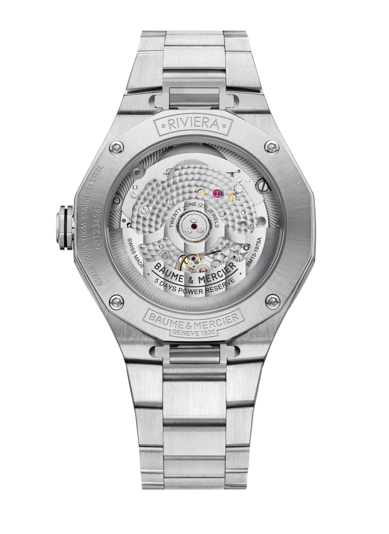 Baume & Mercier Riviera 10715 M0A10715 - cassa e bracciale in acciaio - quadrante nero fumé trasparente - fondello con movimento a vista