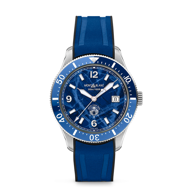 Montblanc Iced Sea Automatic Date 129370 - cinturino, quadrante e ghiera blu - cassa acciaio
