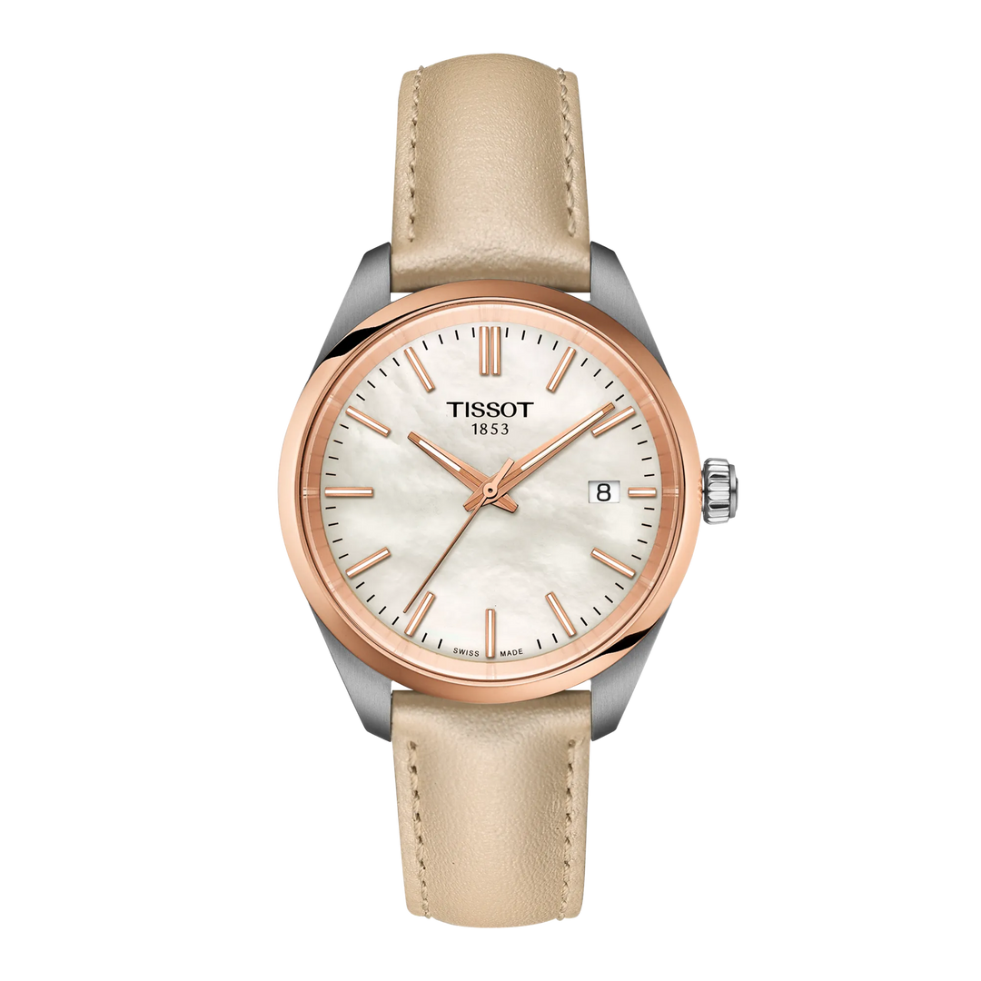 Tissot PR 100 34mm T150.210.26.111.00 - cinturino pelle beige - cassa acciaio - quadrante madreperla bianca - lunetta oro rosa