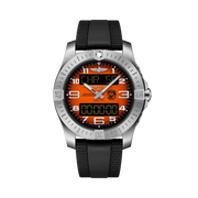 Quadrante arancione vivace con logo missione Orbiter del Breitling Aerospace B70 Orbiter EB70101A1O1S1 in titanio.