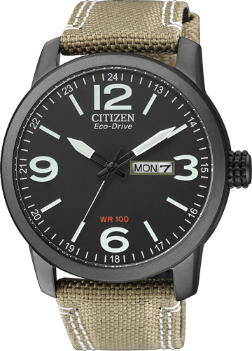 Citizen Aviator BM8476-23E - cinturino tessuto beige - cassa acciaio - quadrante nero con datario