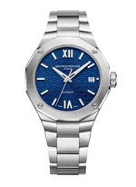 Load image into Gallery viewer, Quadrante laccato blu satinato soleil dell&#39;orologio Baume &amp; Mercier Riviera 10679 con indici dauphine e datario a finestrella
