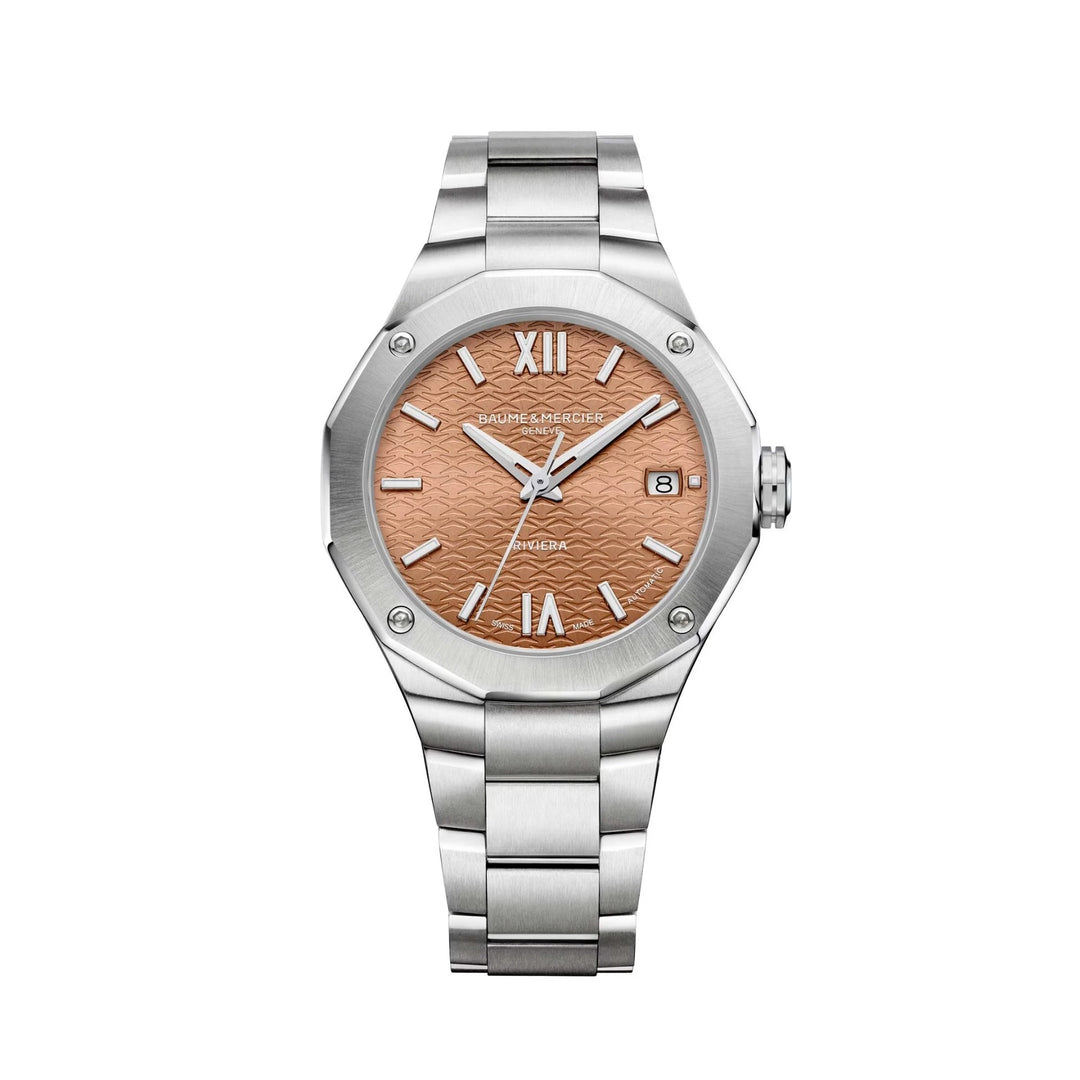 Quadrante color terracotta satinato con decoro a onde, numeri romani e indici rivettati rodiati rivestiti di Superluminova bianco dell'orologio Baume & Mercier Riviera 10764