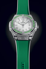 Load image into Gallery viewer, Hublot Big Bang Joyful Steel Apple Green 485.SG.2210.RX.1222 - cassa acciaio - cinturino gomma verde - quadrante bianco con datario