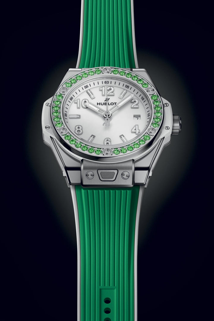 Hublot Big Bang Joyful Steel Apple Green 485.SG.2210.RX.1222 - cassa acciaio - cinturino gomma verde - quadrante bianco con datario