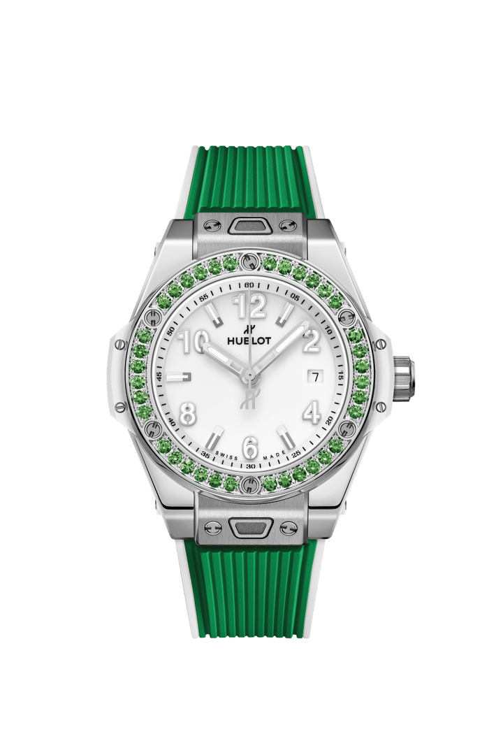 Hublot Big Bang Joyful Steel Apple Green 485.SG.2210.RX.1222 - cassa acciaio - cinturino gomma verde - quadrante bianco con datario