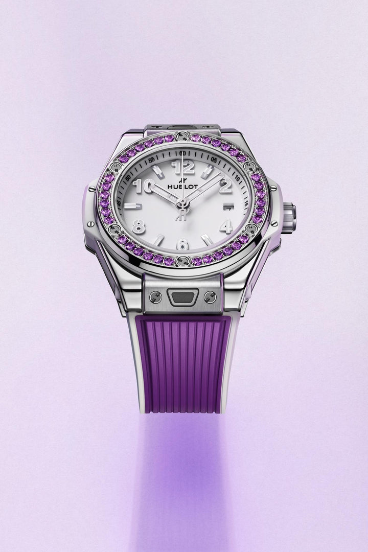 Hublot Big Bang Joyful Steel Purple 485.SV.2210.RX.1205 - cassa acciaio - quadrante bianco lucido - cinturino gomma viola