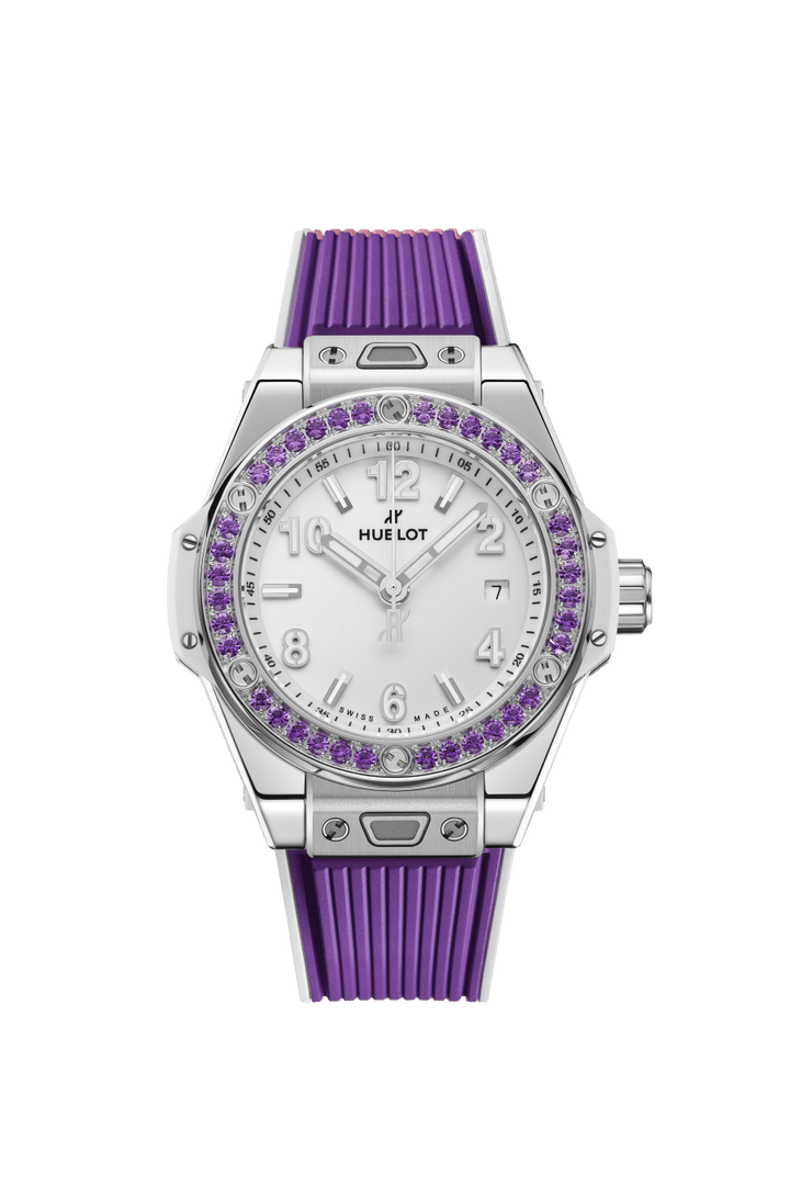 Hublot Big Bang Joyful Steel Purple 485.SV.2210.RX.1205 - cassa acciaio - quadrante bianco lucido - cinturino gomma viola