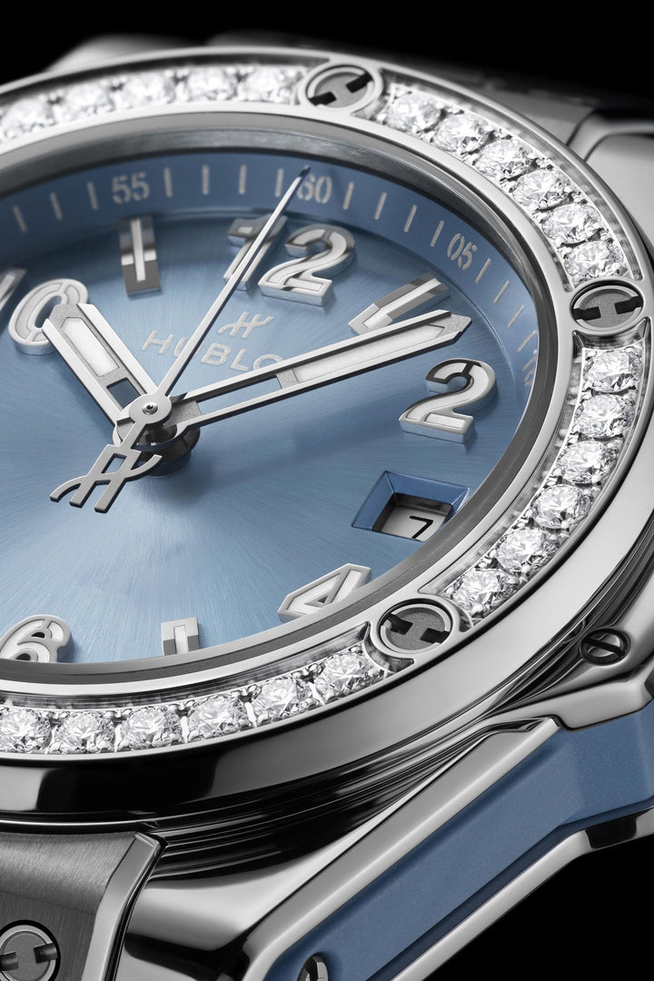 Hublot Big Bang Coal Blue Diamonds 485.SX.717B.RX.1204 - cassa titanio - cinturino gomma azzurro ghiaccio - quadrante azzurro ghiaccio con datario