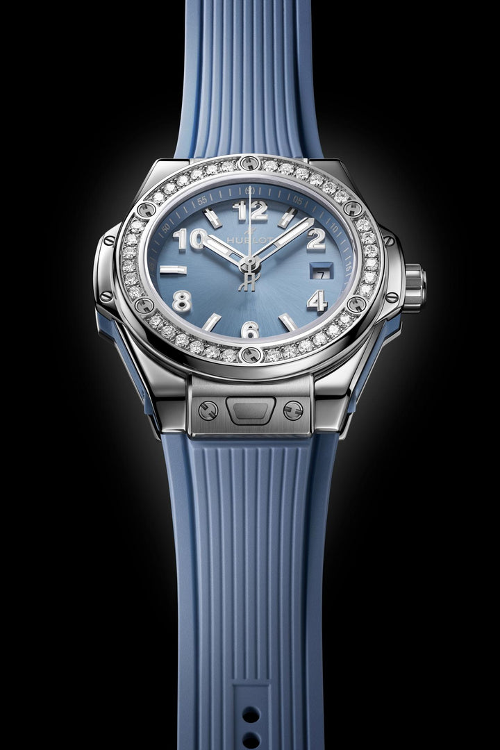 Hublot Big Bang Coal Blue Diamonds 485.SX.717B.RX.1204 - cassa titanio - cinturino gomma azzurro ghiaccio - quadrante azzurro ghiaccio con datario