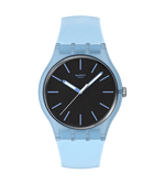 Load image into Gallery viewer, Orologio Swatch Blue Moves SO29L101 con cassa rotonda blu trasparente e quadrante nero strutturato con dettagli azzurri e lancette azzurre.
