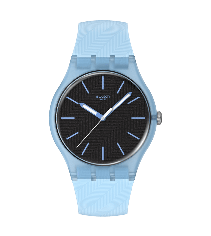 Orologio Swatch Blue Moves SO29L101 con cassa rotonda blu trasparente e quadrante nero strutturato con dettagli azzurri e lancette azzurre.