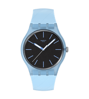 Orologio Swatch Blue Moves SO29L101 con cassa rotonda blu trasparente e quadrante nero strutturato con dettagli azzurri e lancette azzurre.