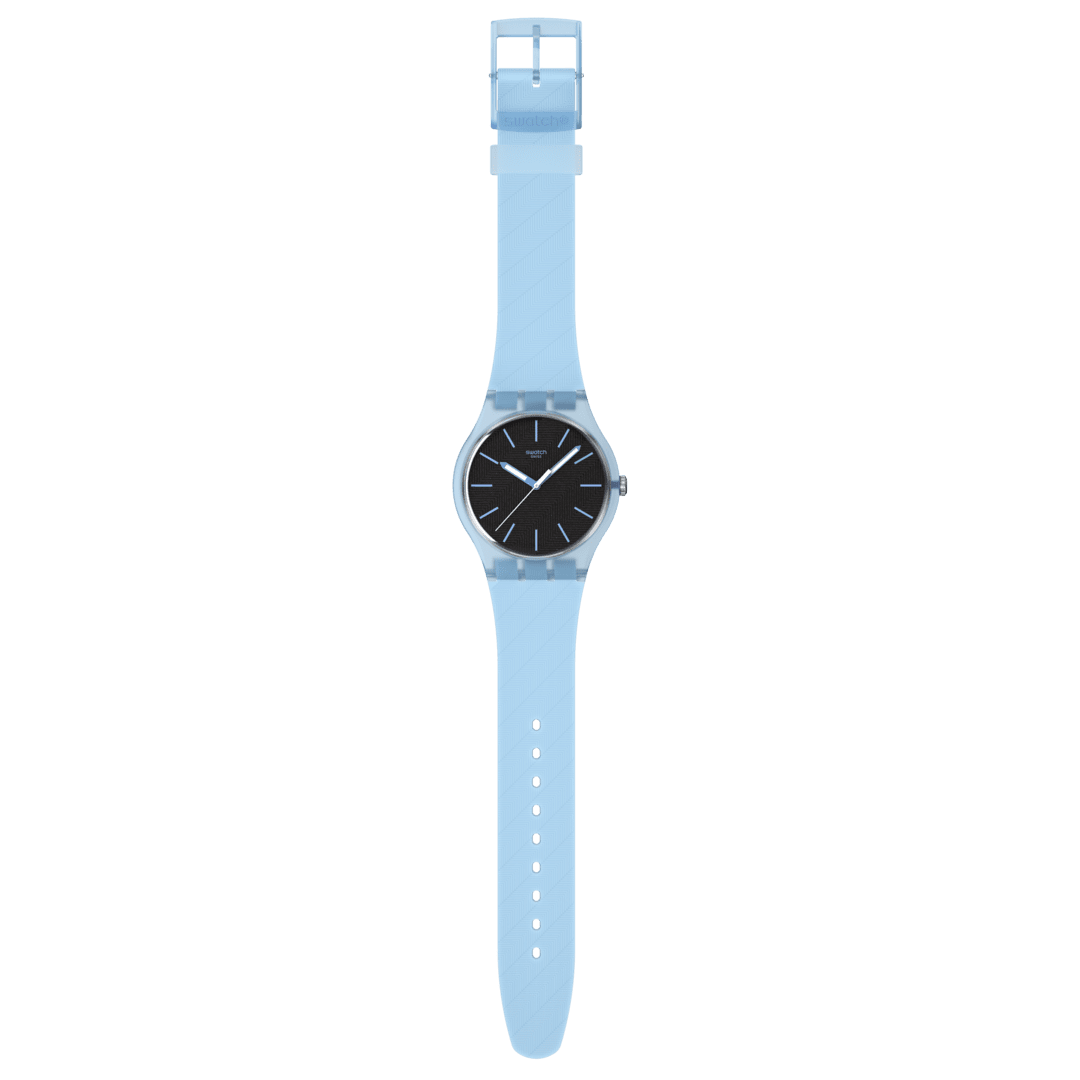 Vista frontale dell’orologio Swatch Blue Moves SO29L101 con quadrante nero e lancette azzurre, perfetto per uno stile quotidiano e dinamico.