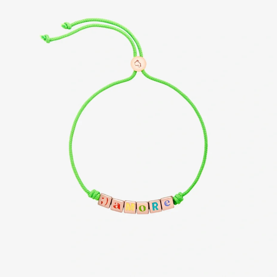 Bracciale Amore DoDo in argento dorato oro rosa 18K con cordino verde fluo e scritta colorata "AMORE".
