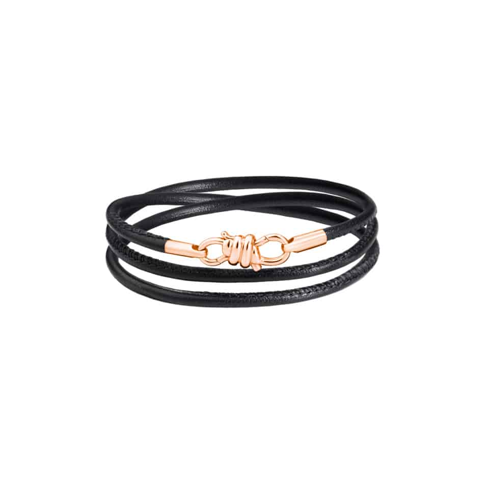 Bracciale Nodo Dodo con chiusura in oro rosa 9Kt e cordino in pelle nera, simbolo di unione e stile raffinato.