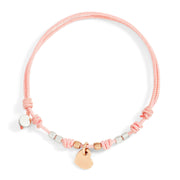 Bracciale Pad Mini Cuore DoDo in oro rosa 9K e argento 925 con charm cuore mini, mini Granelli e cordino rosa regolabile.
