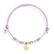 Bracciale Pad Mini Stellina DoDo con charm stellina in oro giallo 18K, mini granelli in argento e oro, cordino lilla regolabile.